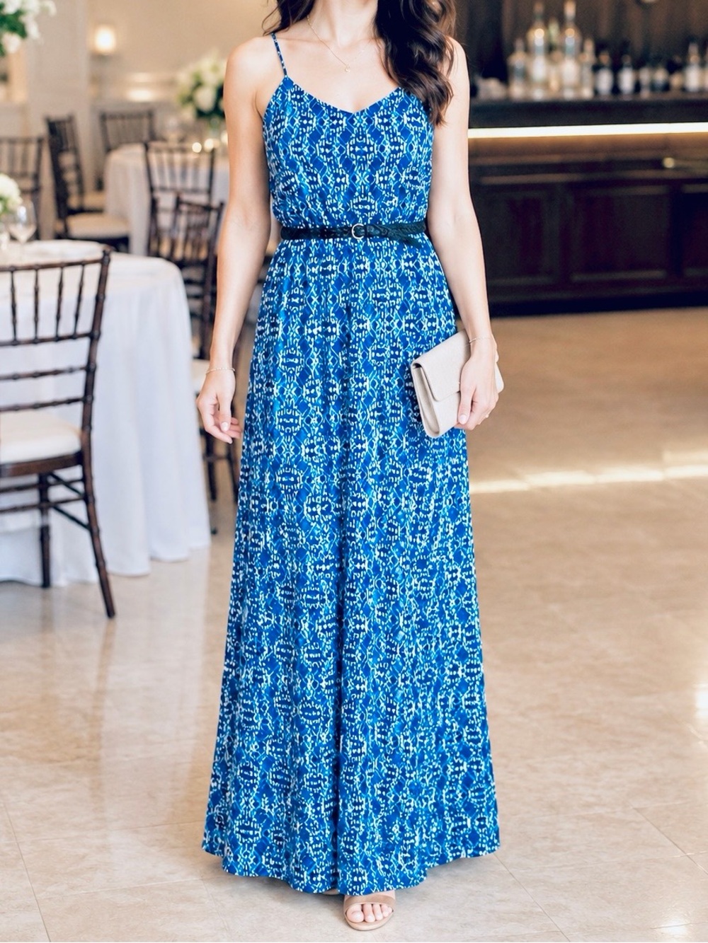 Lily Rose Blue Printed Spaghetti-Strap Maxi Dress Sz Med